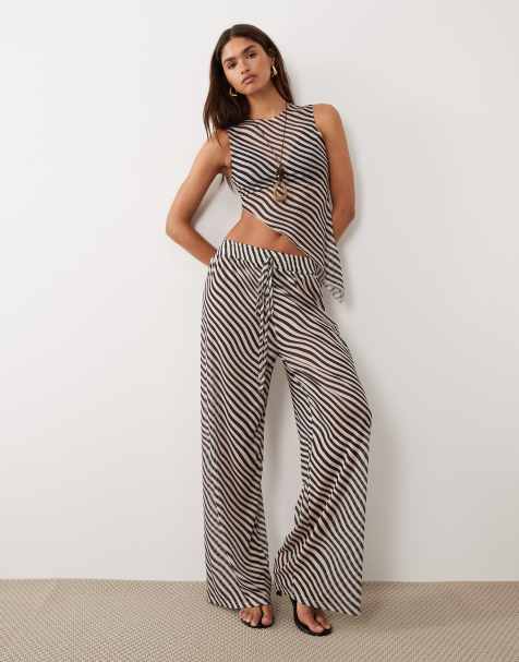 BRONZE SNAKE Mia sheer striped aysmetrical top and pants set in brown - view 1