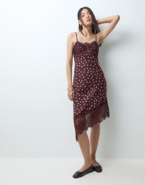 Bronze Snake midi slip satin asymmetric dress in polka dot
