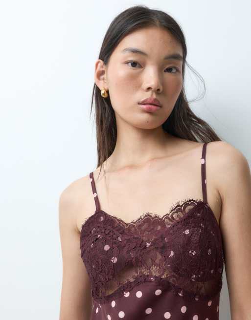 Bronze Snake midi slip satin asymmetric dress in polka dot, 2 of 5