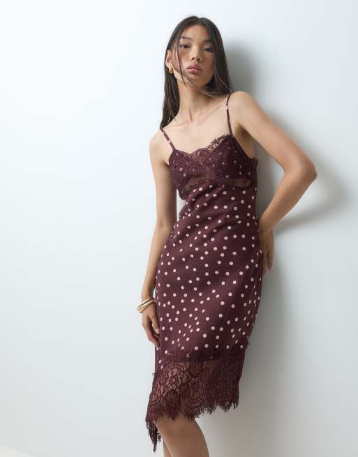 Bronze Snake midi slip satin asymmetric dress in polka dot, 3 of 5