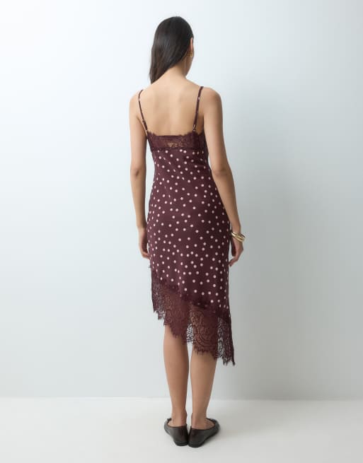 Bronze Snake midi slip satin asymmetric dress in polka dot, 4 of 5