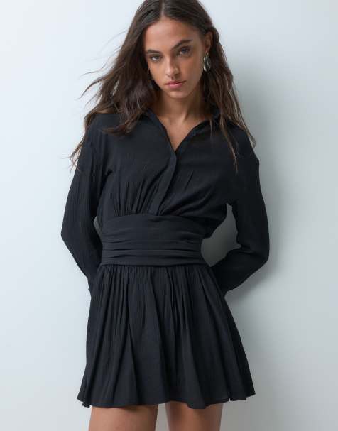 Bronze Snake mini shirt dress with tie waist in black