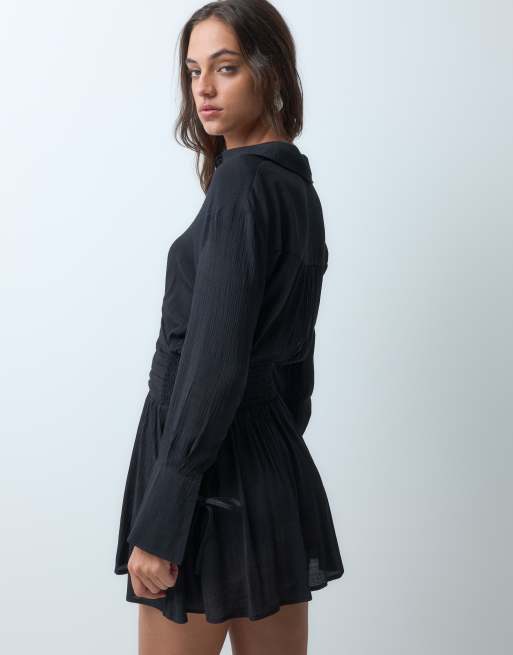 Bronze Snake mini shirt dress with tie waist in black, 4 of 5