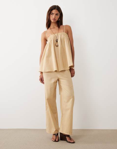 Bronze Snake Misty smock cotton cami top and trouser set in beige 