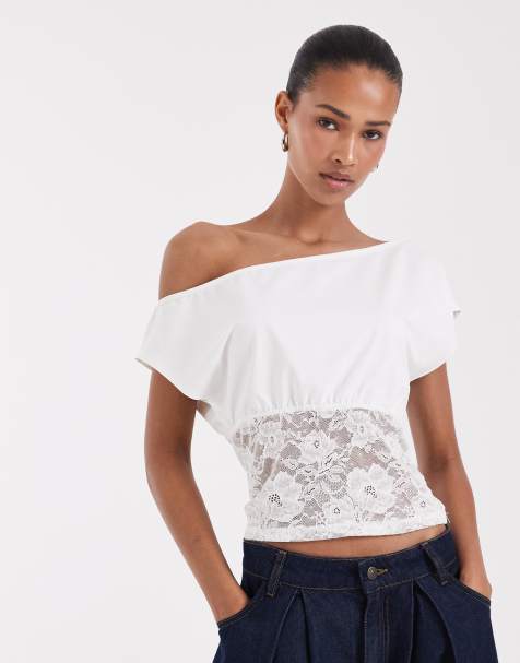 Bronze Snake off shoulder top with lace panel in white - view 1