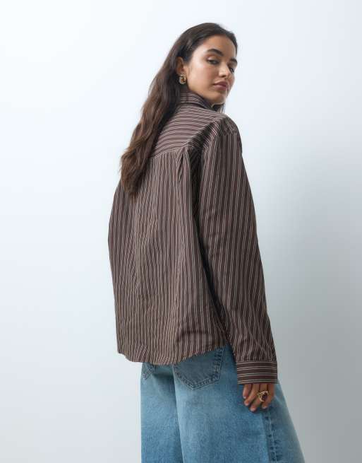 Bronze Snake oversized boyfriend overhemd in chocoladebruine streep, 3 van 5