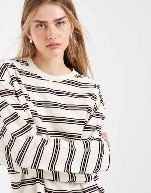 Bronze Snake oversized long sleeve double stripe t-shirt in beige stripe, 2 of 4