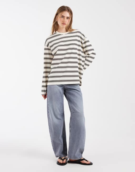 Bronze Snake oversized long sleeve double stripe t-shirt in beige stripe, 4 of 4