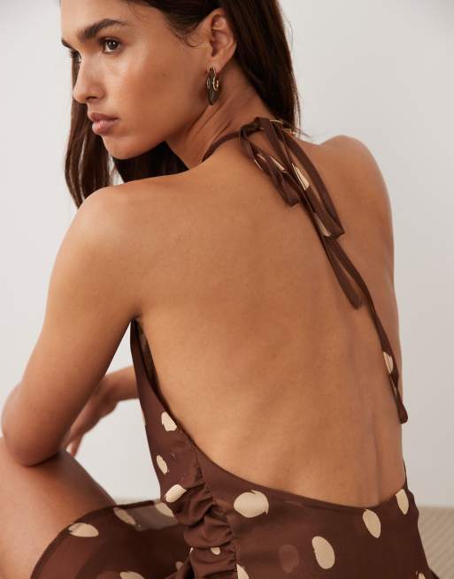 Bronze Snake – Ricky – Gepunktetes Minikleid mit Wasserfallausschnitt in Schokobraun, 3 von 4