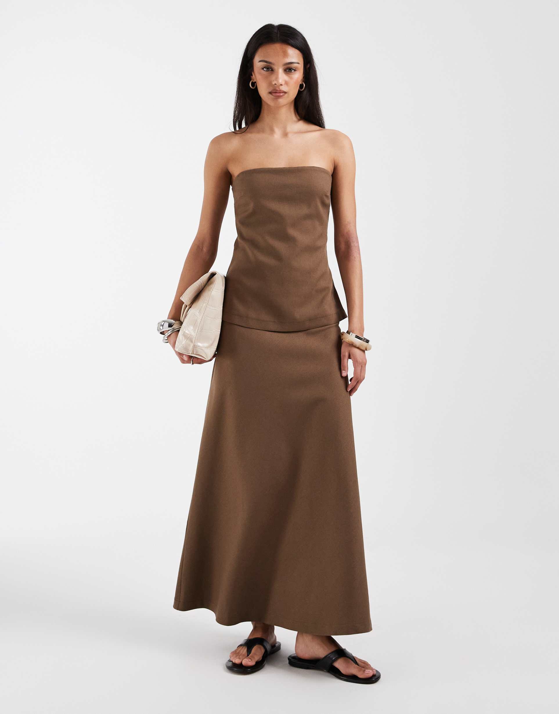 bronze snake riley off shoulder maxi dress in dark chocolate