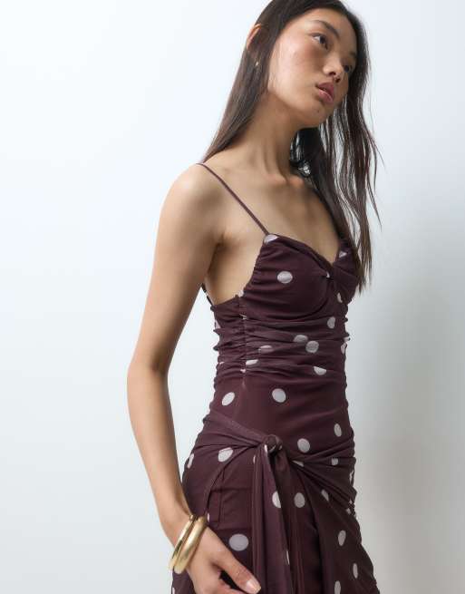 Bronze Snake ruched mini dress with side tie in brown polka dot, 5 of 5