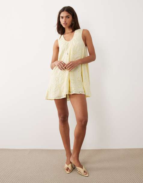 BRONZE SNAKE Samira scoop neck eyelet smock dress in lemon yellow - view 1