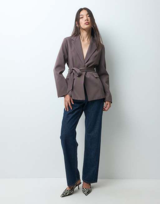 Bronze Snake sinched waist mini blazer dress with tie in brown, 2 of 5