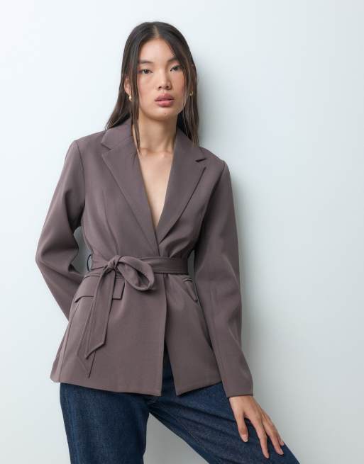 Bronze Snake sinched waist mini blazer dress with tie in brown, 5 of 5