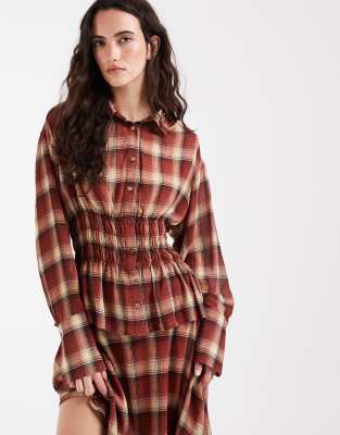 Bronze Snake Soho Plaid Shirred Waist Shirt In Brown