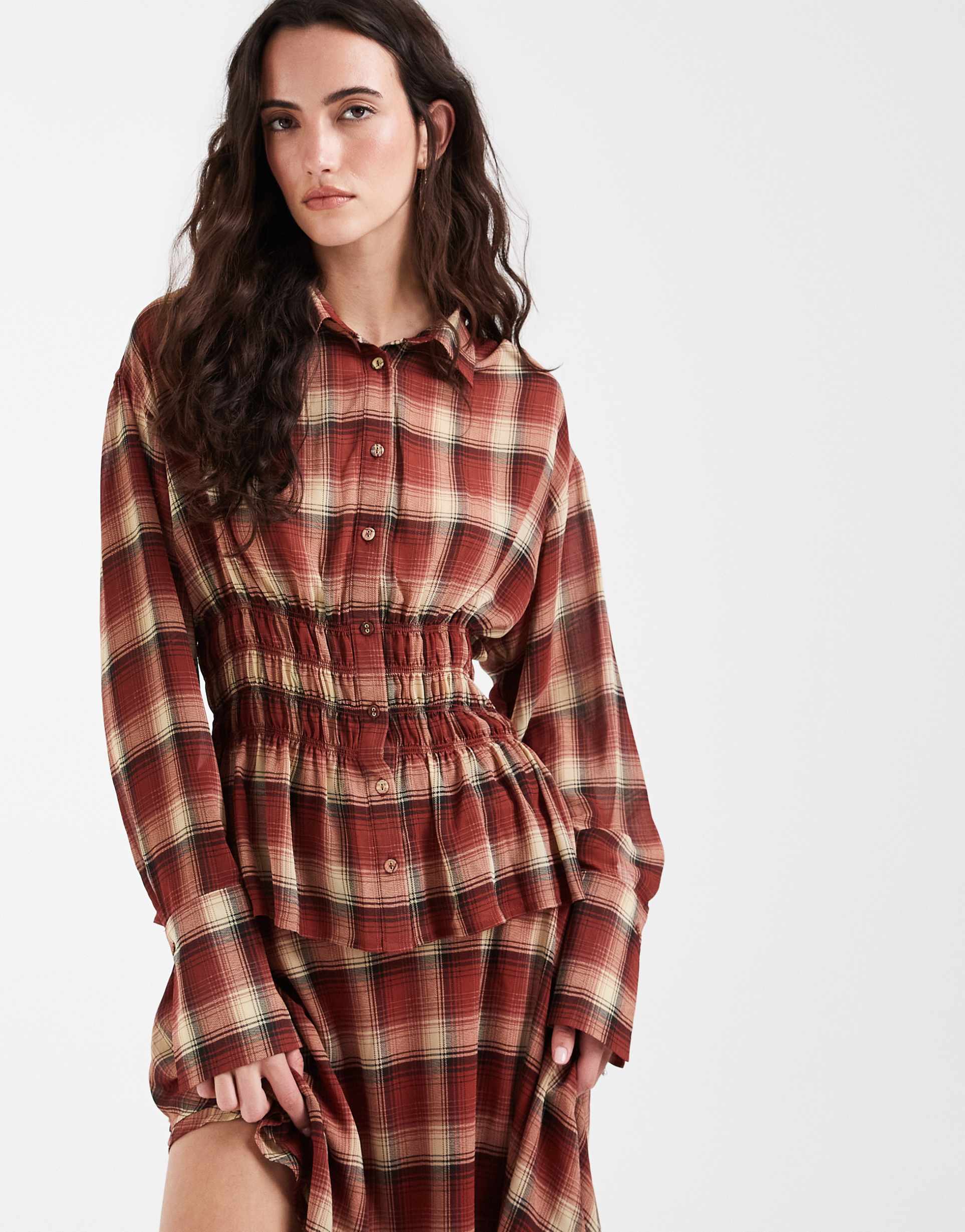 bronze snake soho plaid shirred waist shirt in red - part of a set
