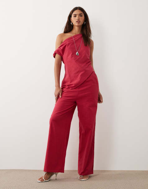 Bronze Snake Tasi off shoulder asymetric cotton top and trouser set in red