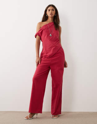 Bronze Snake Tasi off shoulder asymmetric cotton top and pants set in red red