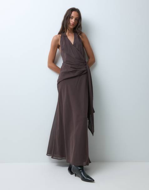 Bronze Snake v neck halterneck maxi dress with draped waist in brown