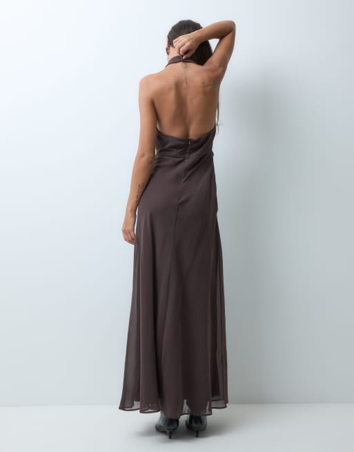 Bronze Snake v neck halterneck maxi dress with draped waist in brown, 4 of 5
