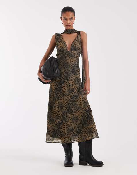 Bronze Snake v neck midi dress with scarf in brown animal print - view 1