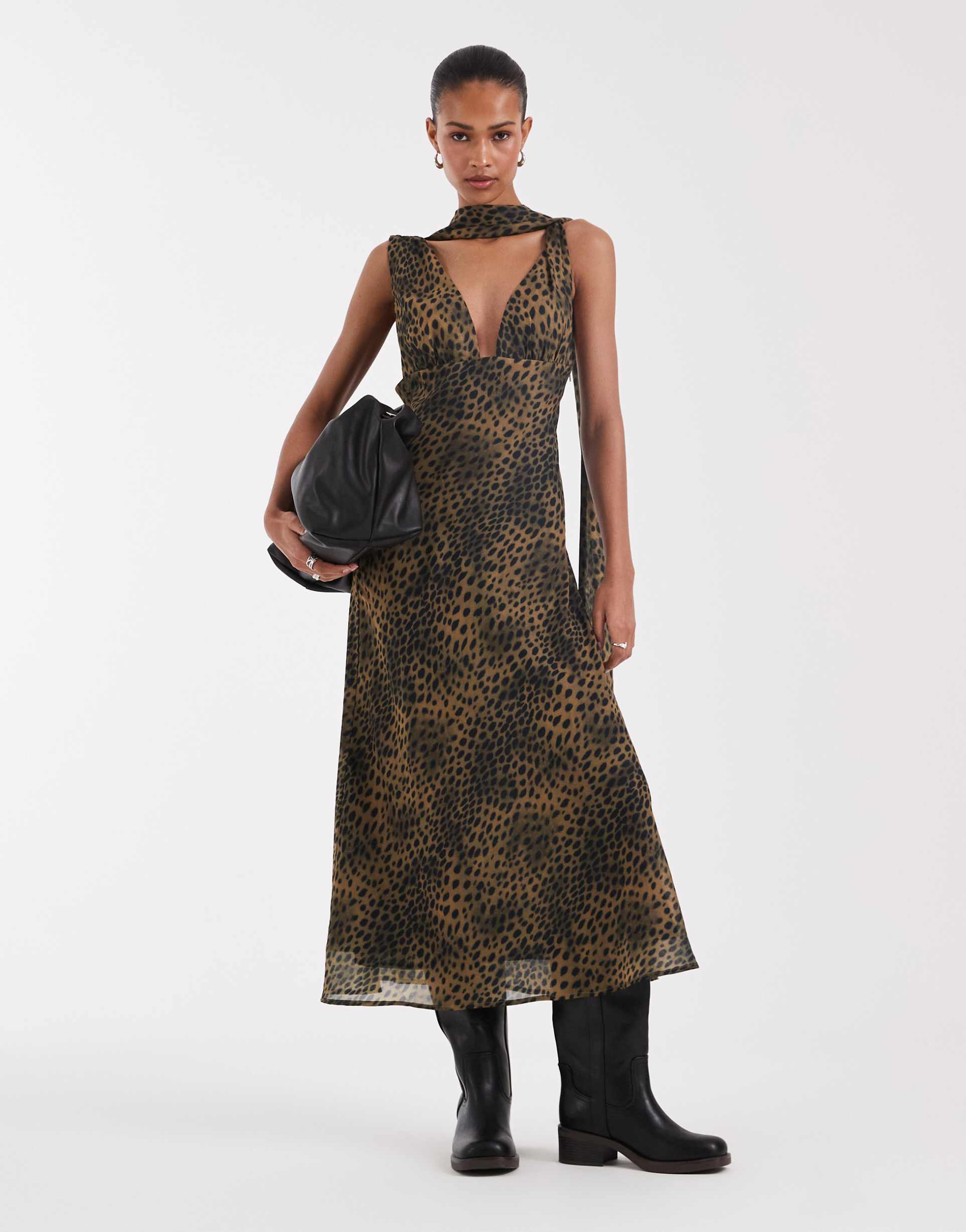 bronze snake v-neck midi dress with scarf in brown animal print