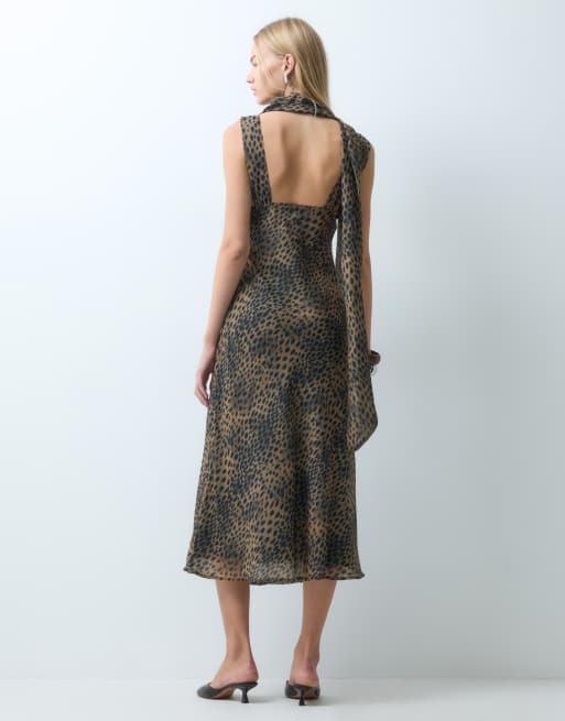 Bronze Snake vestito midi con scollo a V e sciarpa con stampa animalier marrone, 3 di 4
