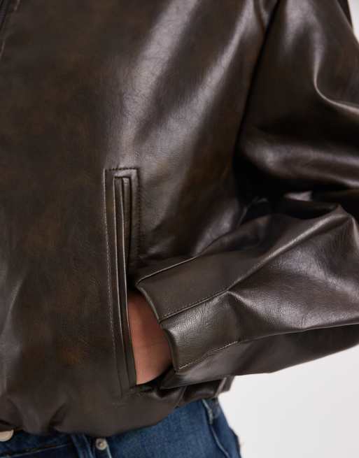 Bronze Snake zip up faux leather bomber in brown, 3 of 4
