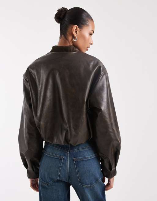 Bronze Snake zip up faux leather bomber in brown, 4 of 4