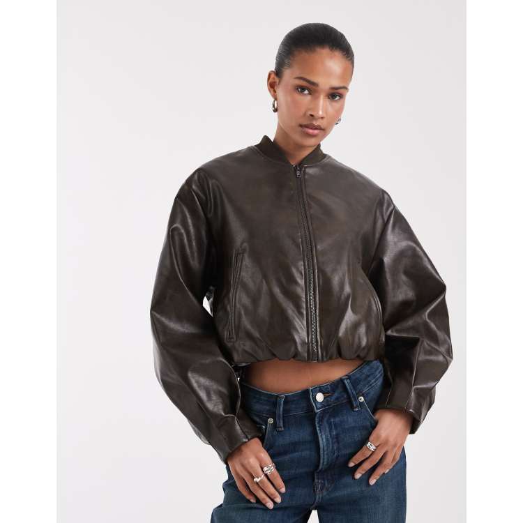 Bronze Snake zip up faux leather bomber jacket in brown | ASOS
