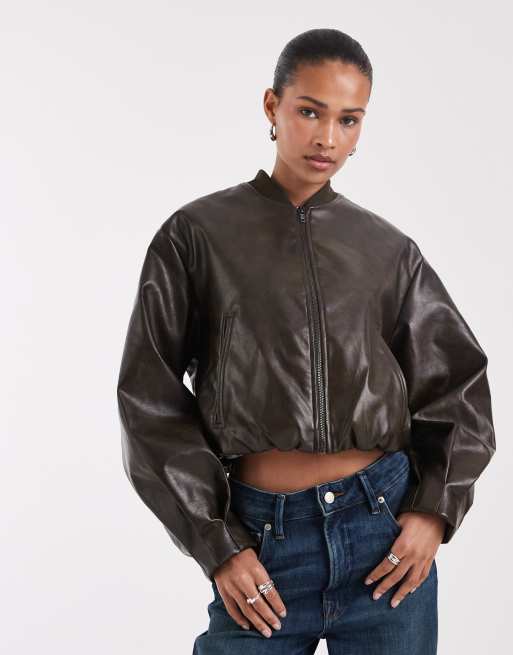 Bronze Snake zip up faux leather bomber jacket in brown