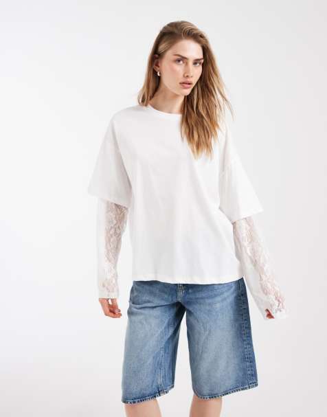 Bronze - T-shirt oversize effet peau de serpent avec superposition en dentelle - Blanc - view 1