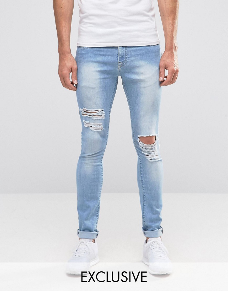 Brooklyn Supply Co. - Gescheurde bespoten jeans met lichte wassing en slijtage-effect-Blauw