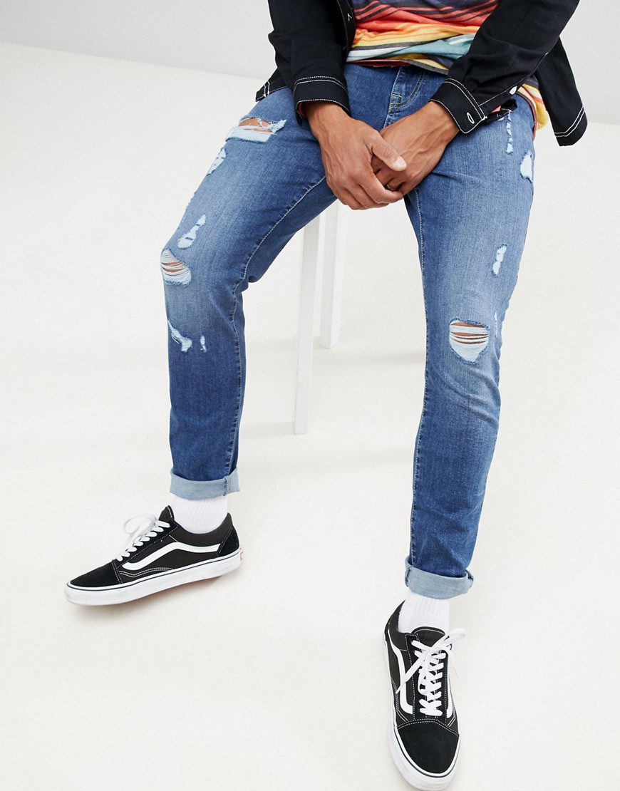 Brooklyn Supply Co - Jeans skinny indaco con strappi sulla coscia-Blu