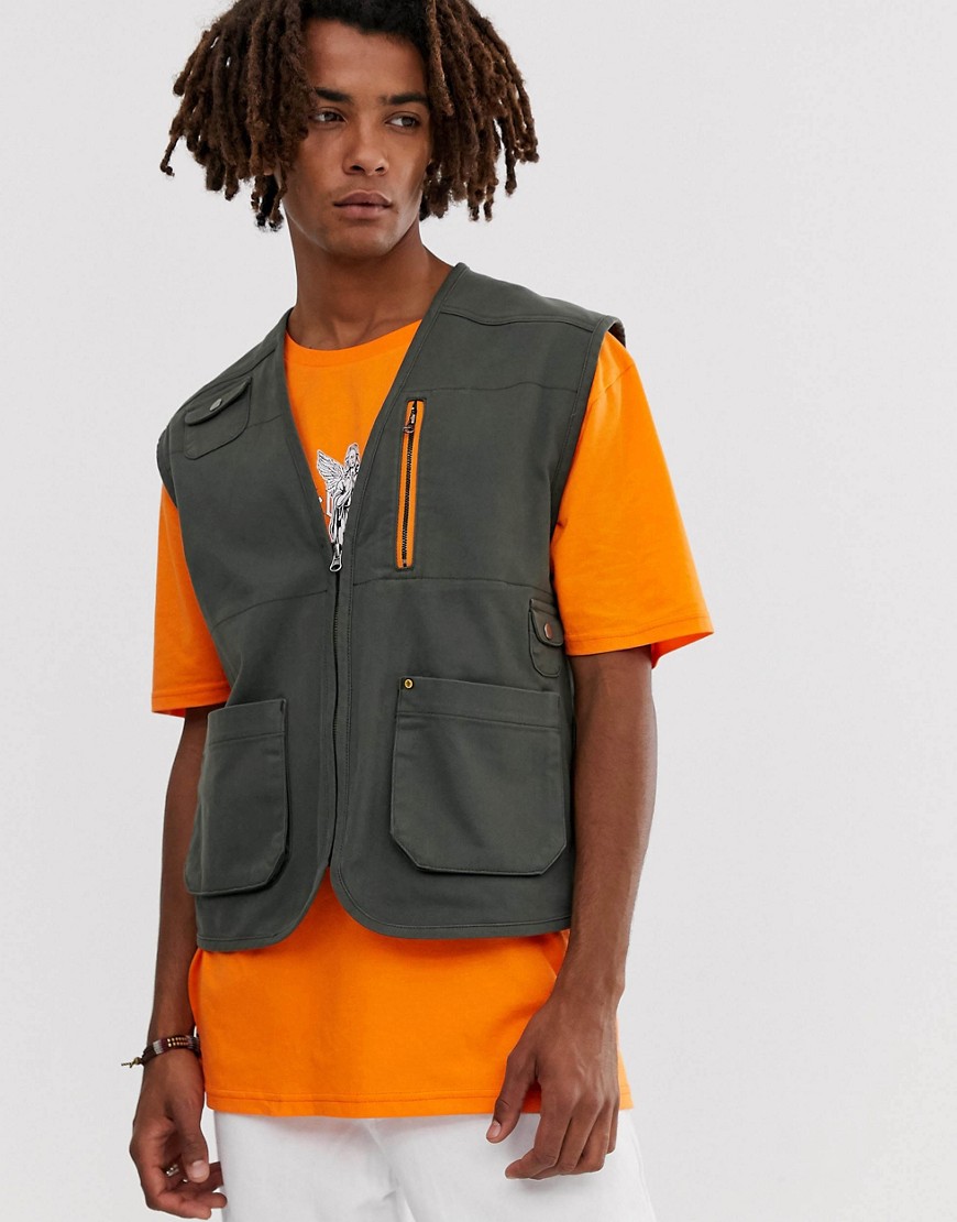 Brooklyn Supply Co utility gilet with pockets in khaki-Green