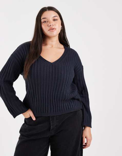 Brown Soul Plus deep v-neck ribbed jumper in navy