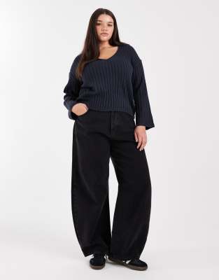 Brave Soul Brown Soul Plus Deep V-neck Ribbed Sweater In Blue