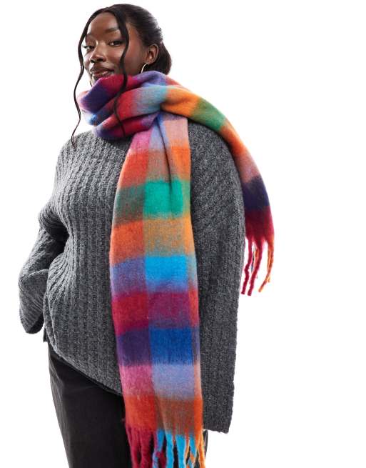 Bufanda a cuadros de colores otoñales luminosos con flecos de tejido muy suave de PIECES