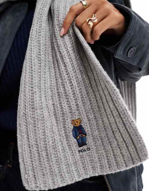 Bufanda gris con logo de oso de punto de Polo Ralph Lauren, 2 de 4