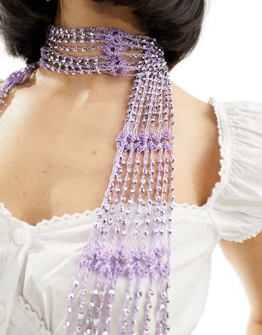 Bufanda morada estrecha de croché con cuentas de My Accessories, 2 de 4