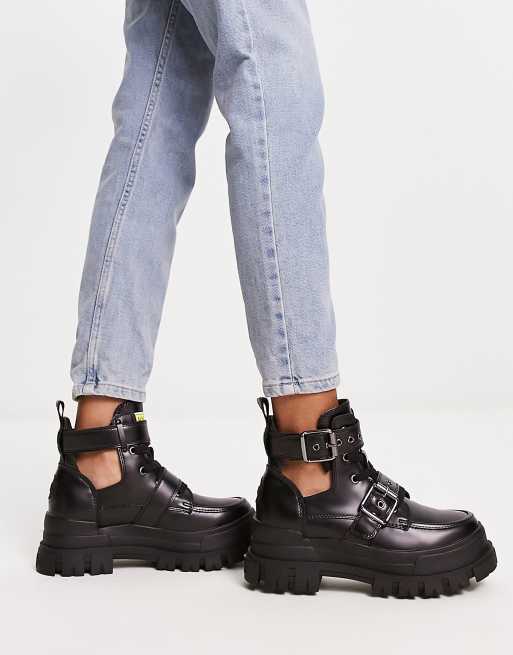 Buffalo Aspha chunky cut out boots in black ASOS