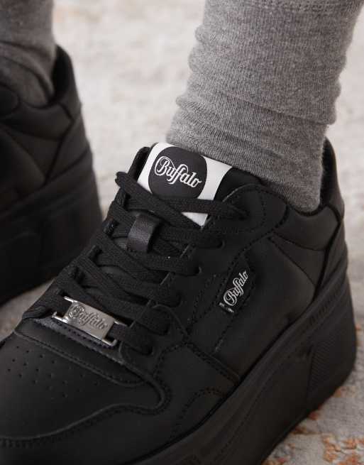 London Shoes Buffalo Black Leather Chunky Platform Trainers