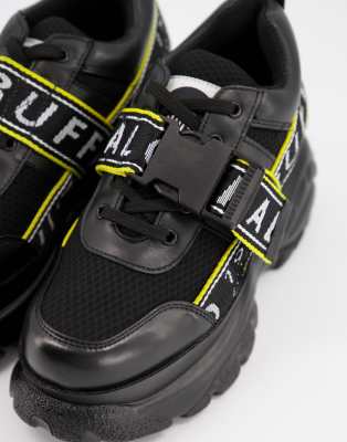 buffalo black leather chunky platform trainers
