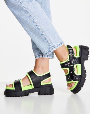 Buffalo chunky leather sandals in black and green