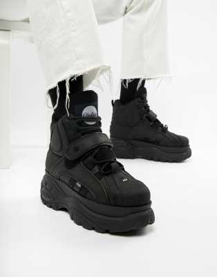 Buffalo classic hi top chunky sole trainers in black