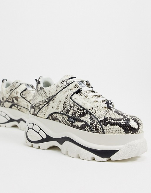 Buffalo classsic chunky sole trainers in grey and white snake print