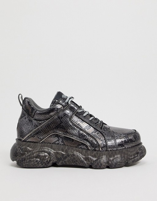 Buffalo cld chunky sole metallic snake print trainers in grey