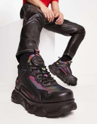 Buffalo - Cloud Chai - Sneakers met dikke zool en regenboogkleurig detail in zwart imitatieleer  