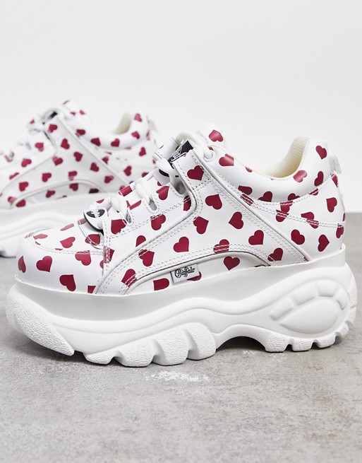 Buffalo heart print chunky trainers in white leather