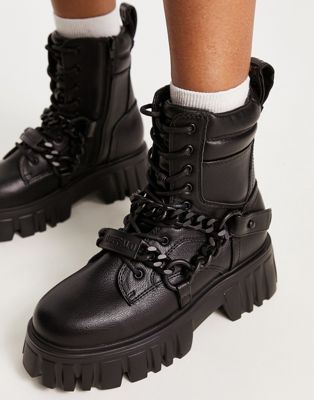 Buffalo Lion chunky boots with chain in black - ASOS Price Checker